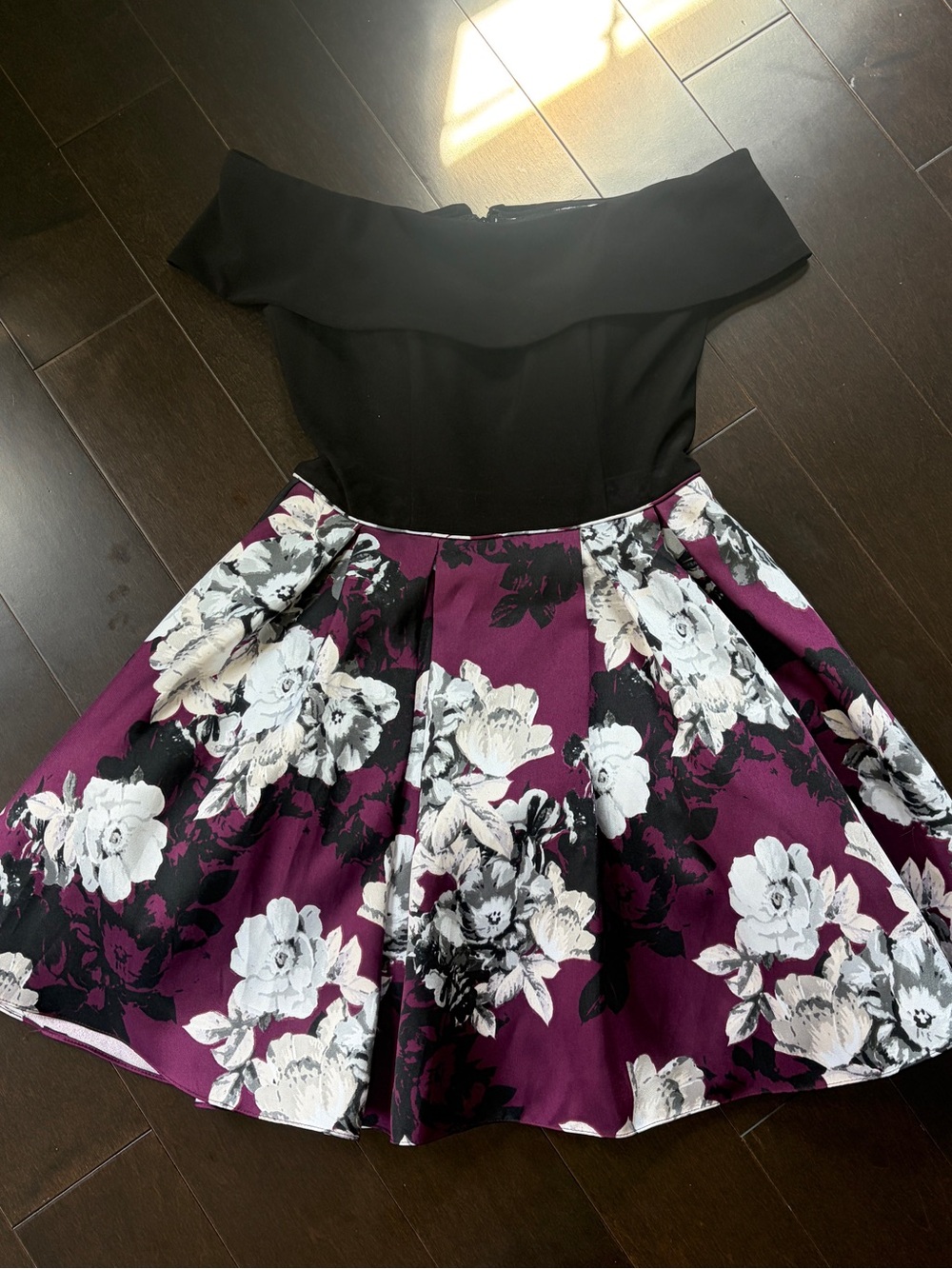 Betsy & Adam Black and Purple Floral Off-Shoulder Fit & Flare Dress